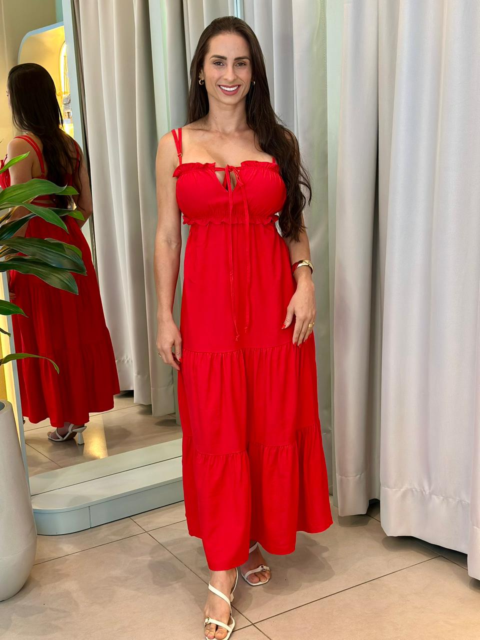 VESTIDO BELINA VERMELHO LONGO BUSTO FRANZIDO